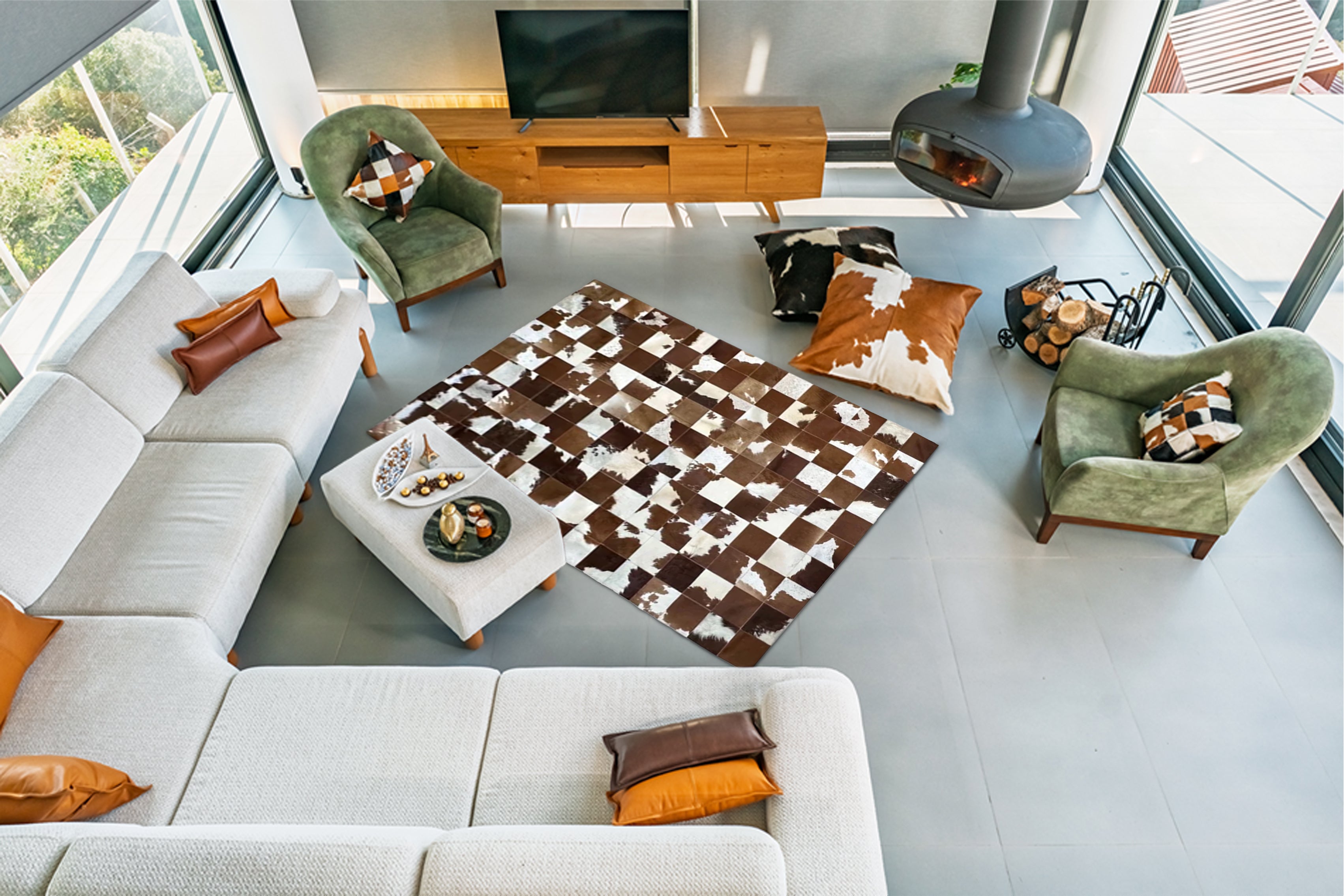 Kahverengi, Beyaz Patchwork Cowhide Halı