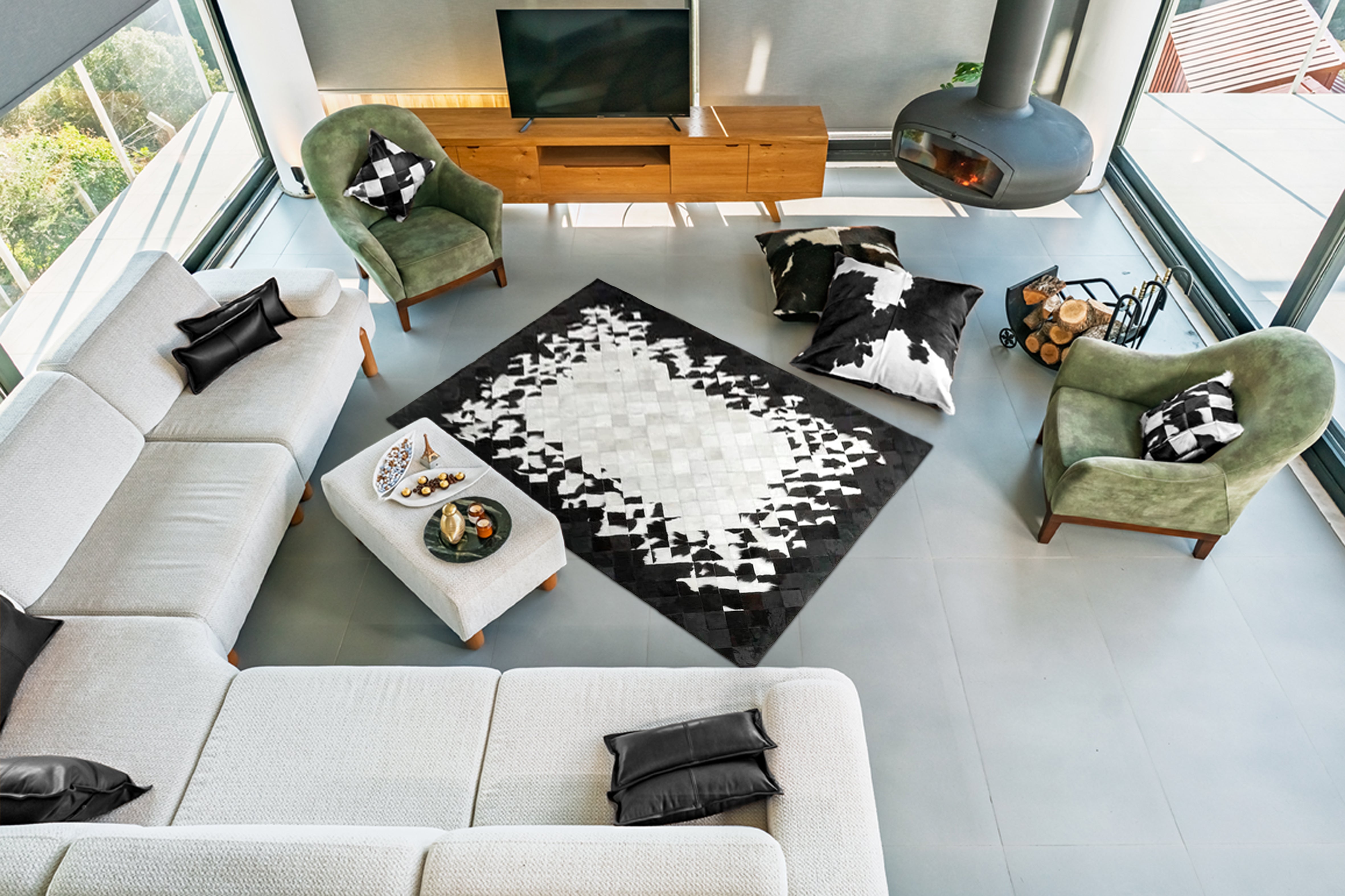 Siyah Beyaz Patchwork Cowhide Halı