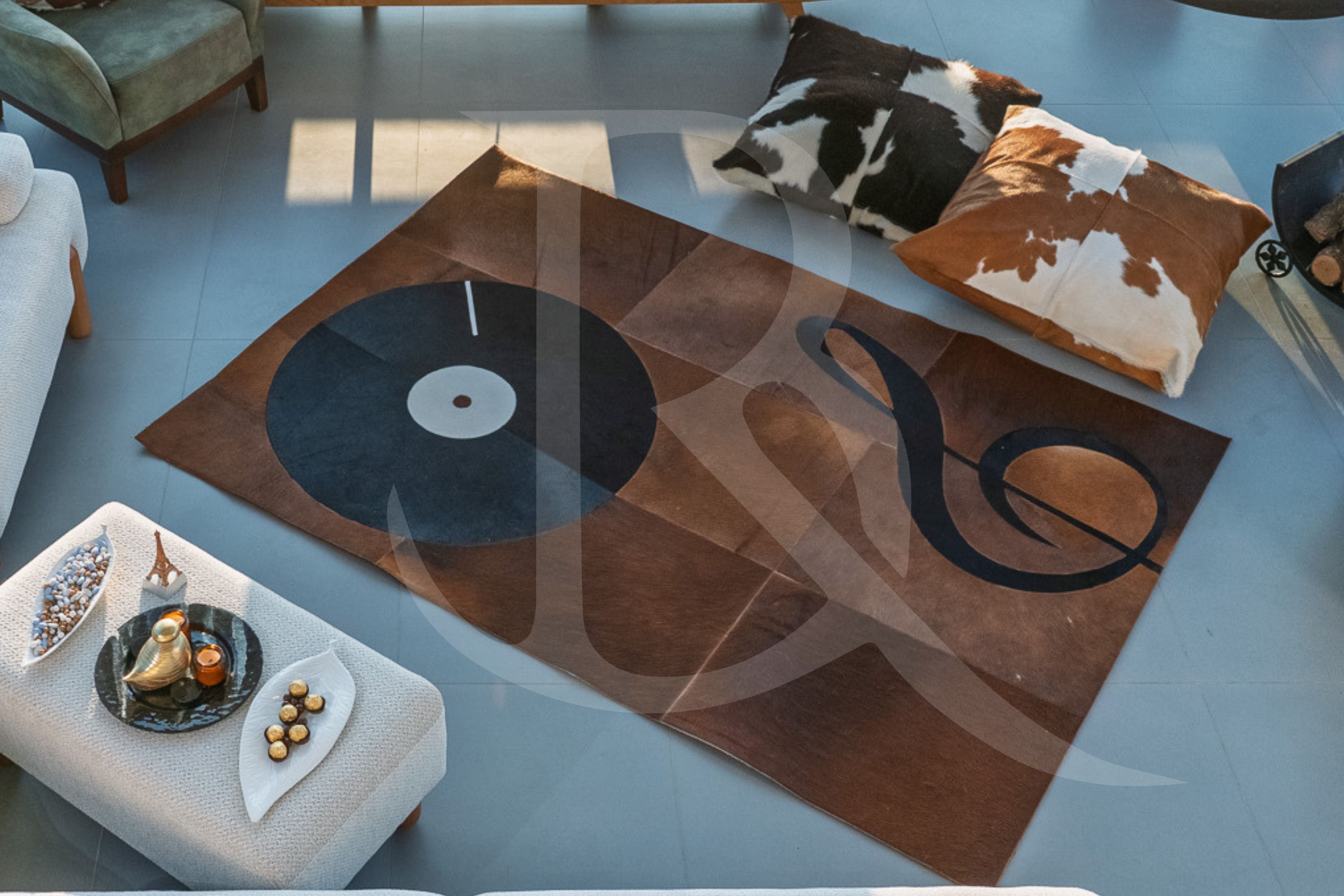 Music-Themed Patchwork Cowhide Area Rug
