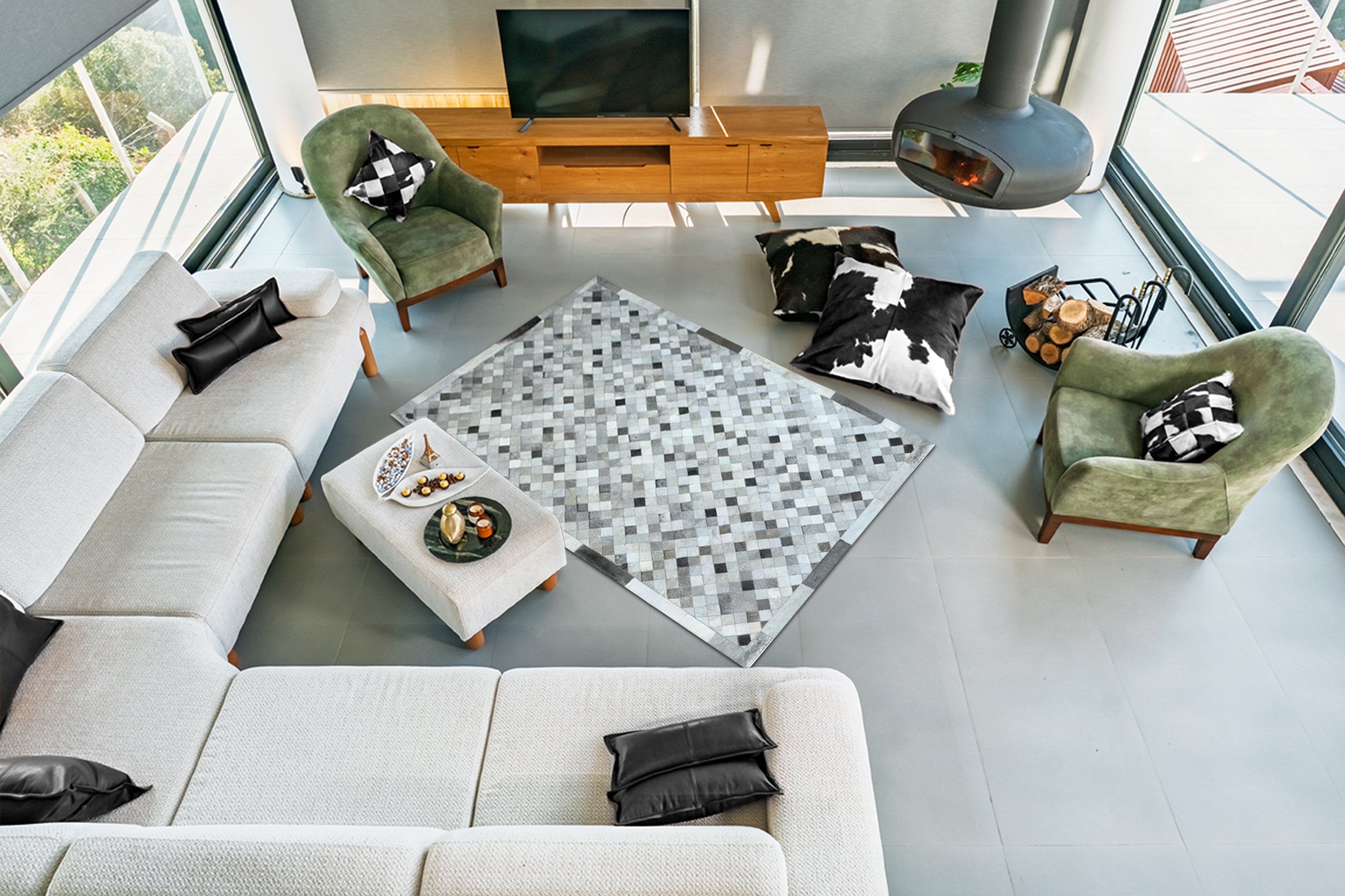 Siyah Beyaz Patchwork Cowhide Halı