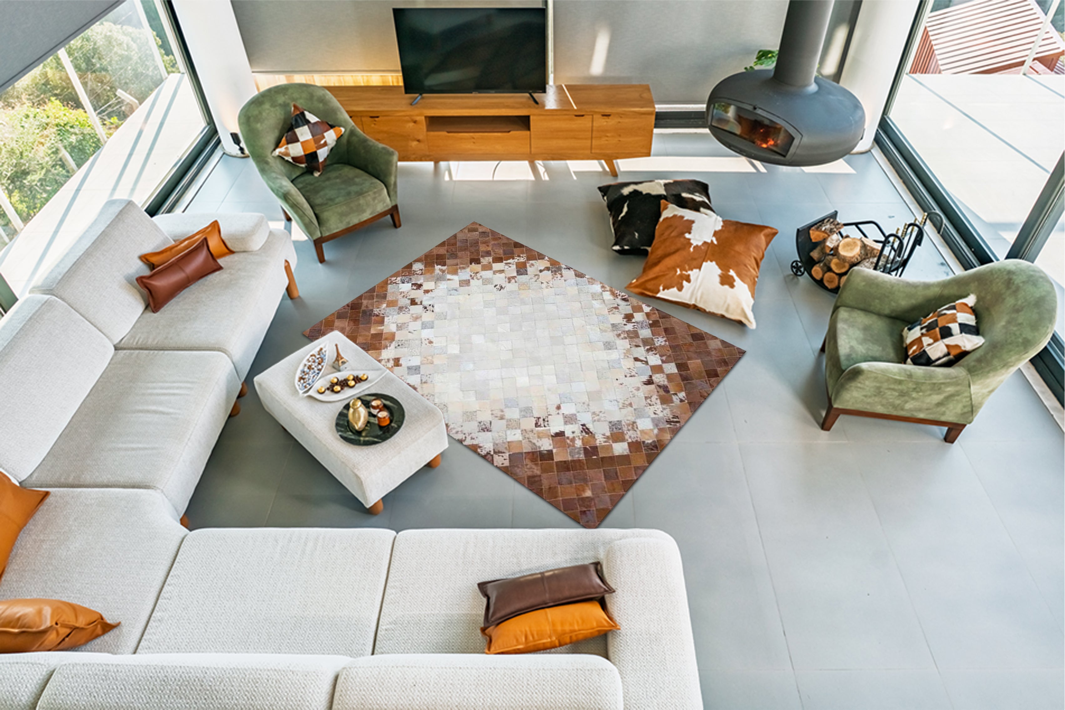 Kahverengi Beyaz Patchwork Cowhide Halı