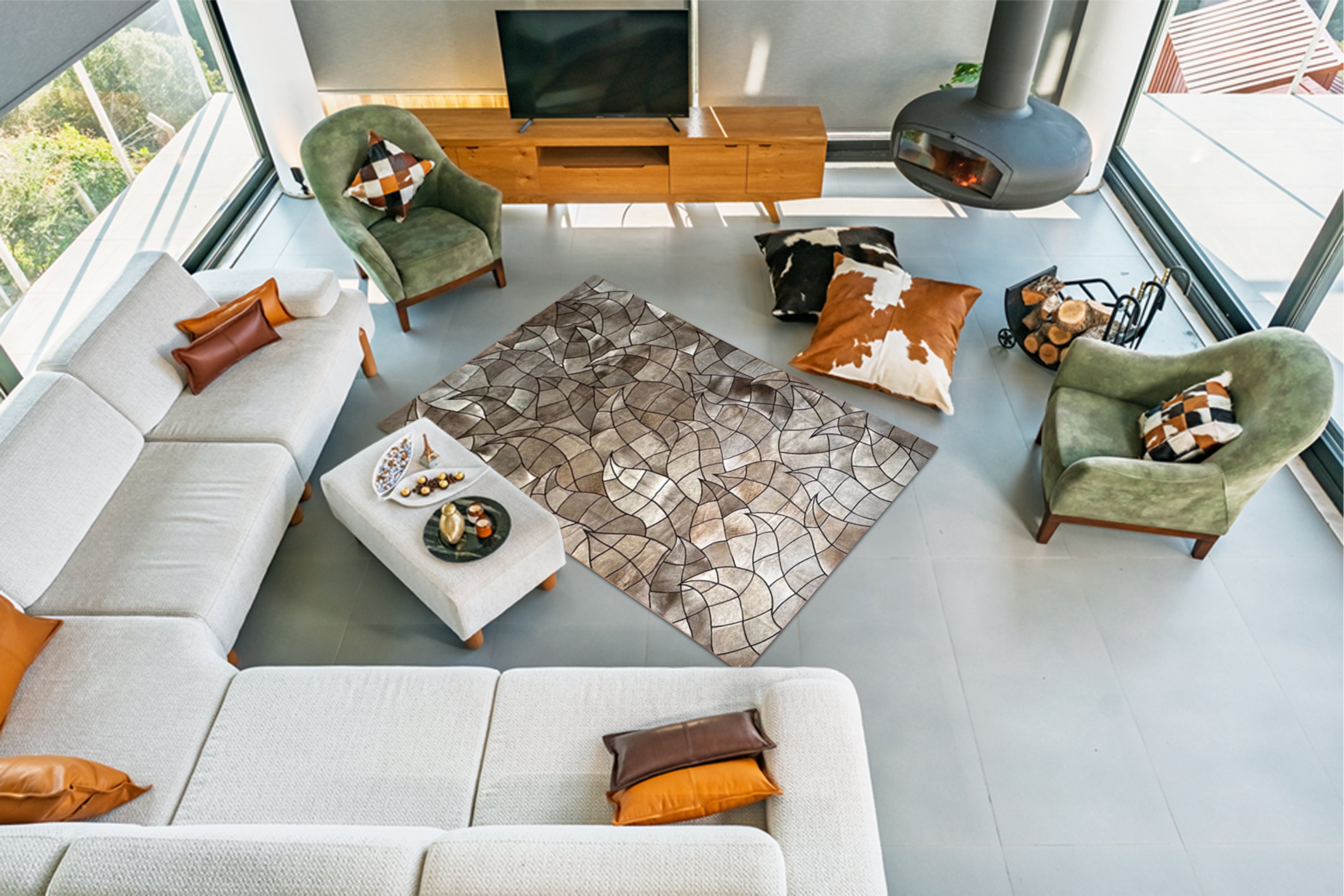 Gri Tonlarında, Yaprak Temalı Patchwork Cowhide Halı