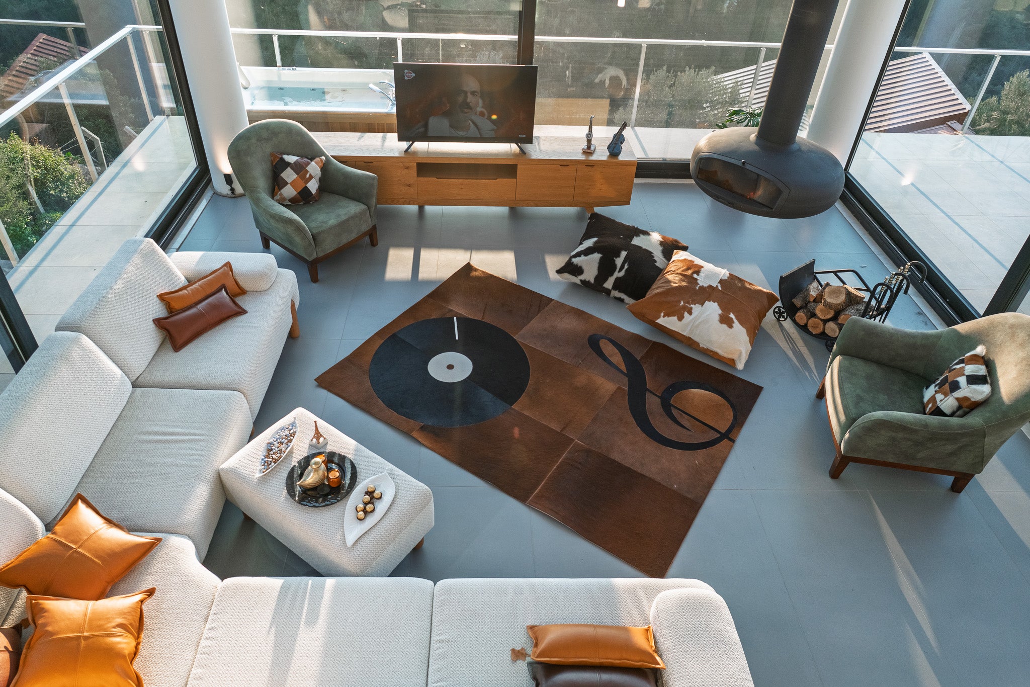 Music-Themed Patchwork Cowhide Area Rug