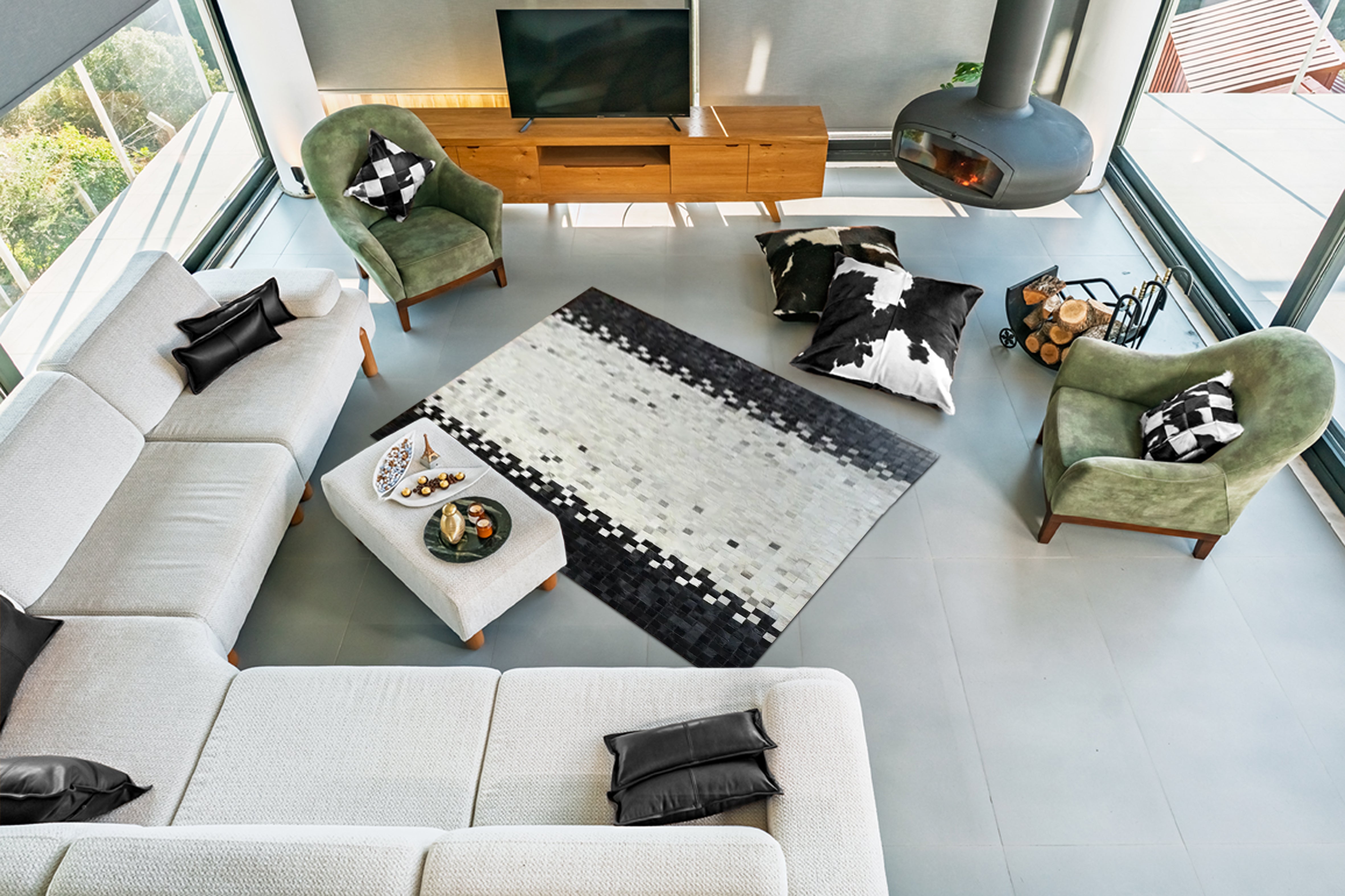 Siyah Beyaz Patchwork Cowhide Halı