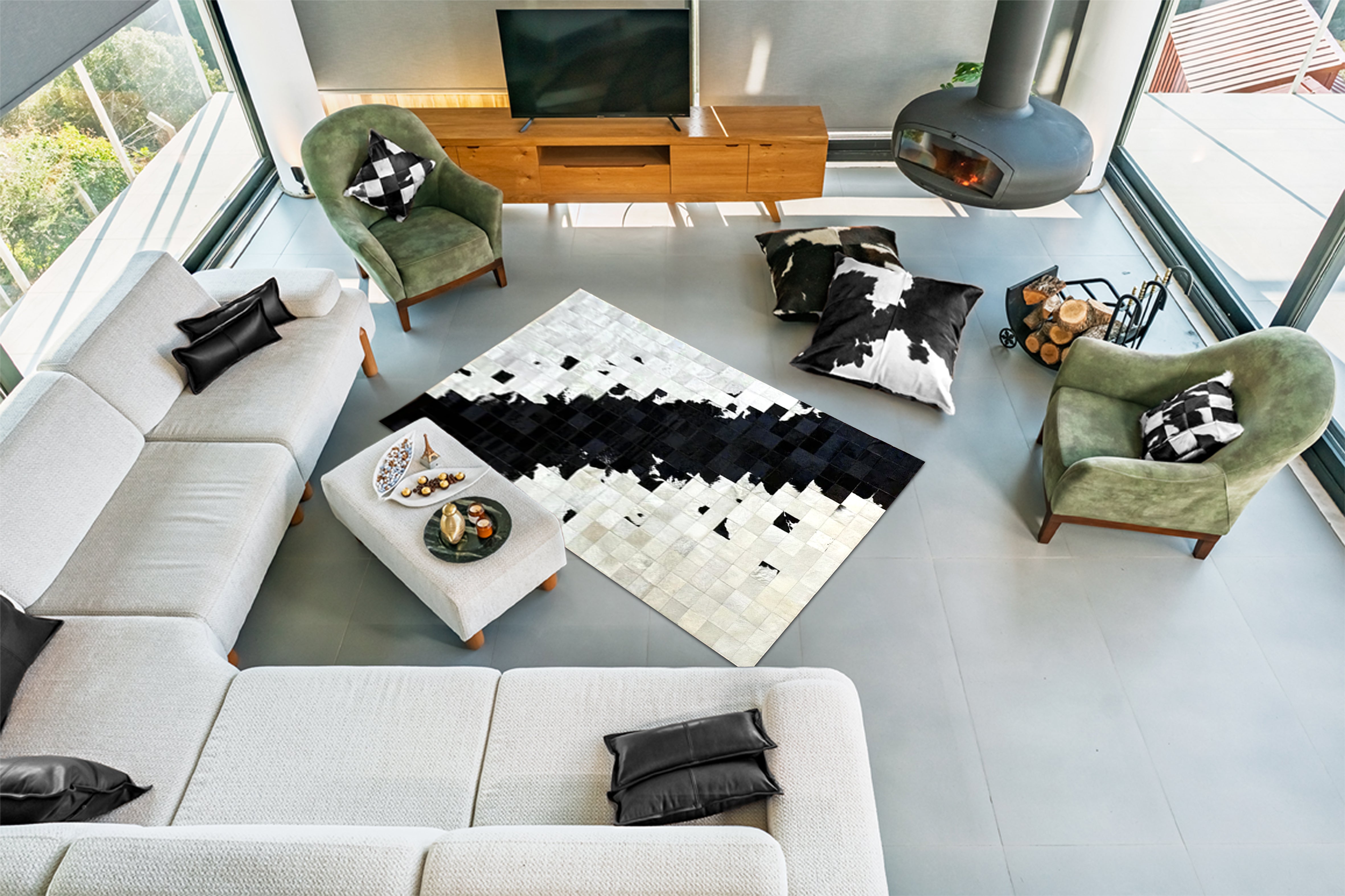 Siyah Beyaz Patchwork Cowhide Halı