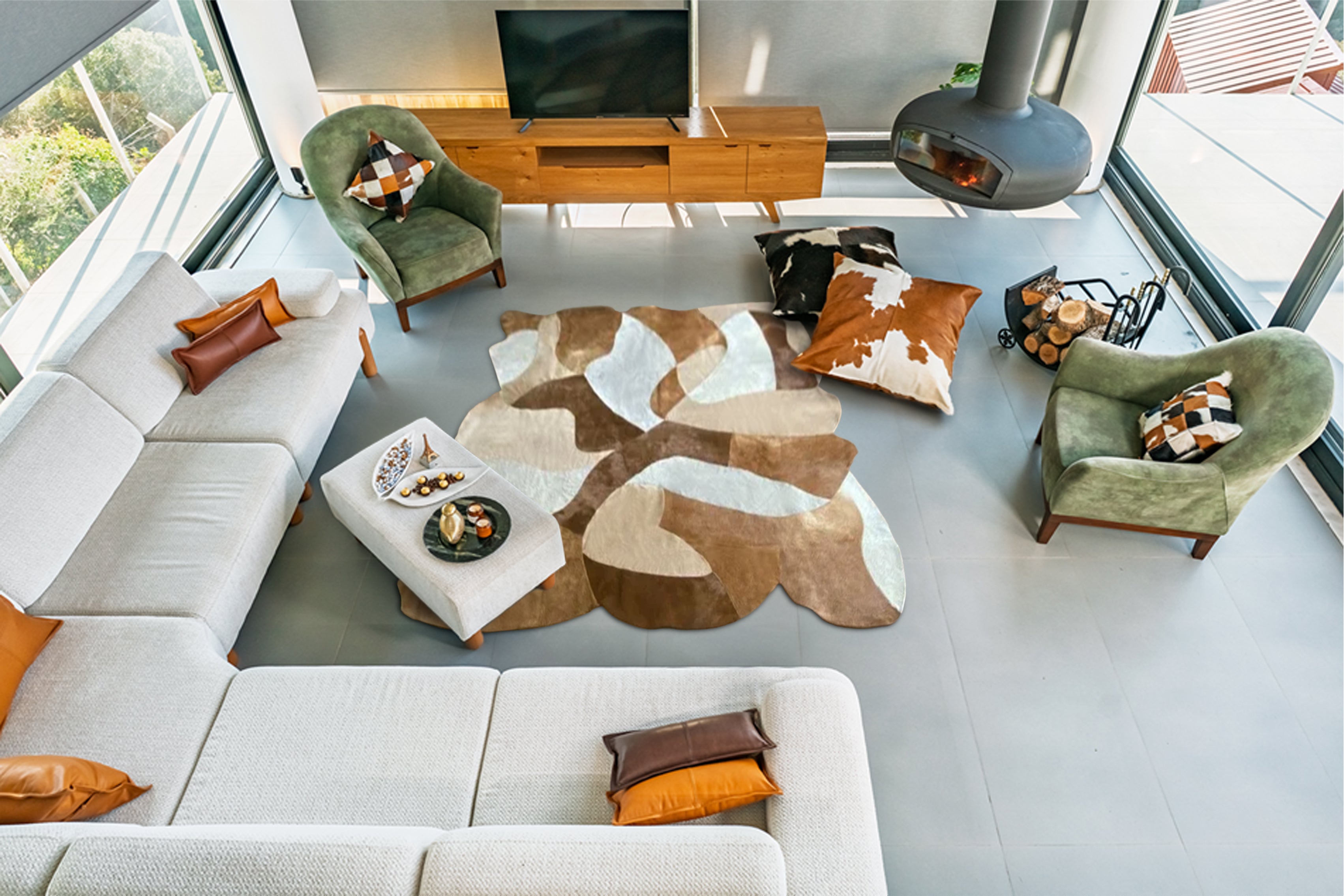 Kahverengi Beyaz Patchwork Cowhide Halı