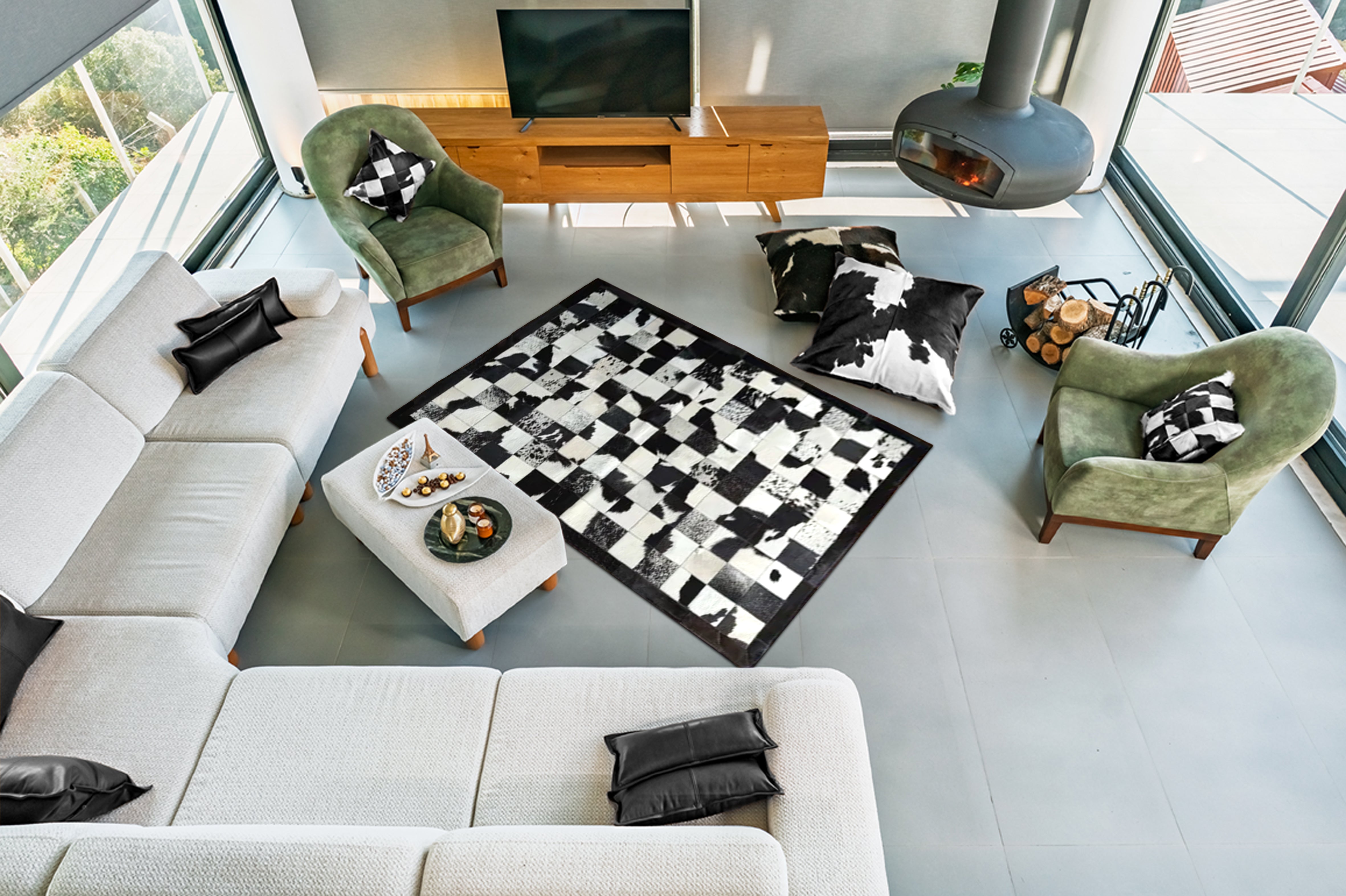 Siyah Beyaz Patchwork Cowhide Halı