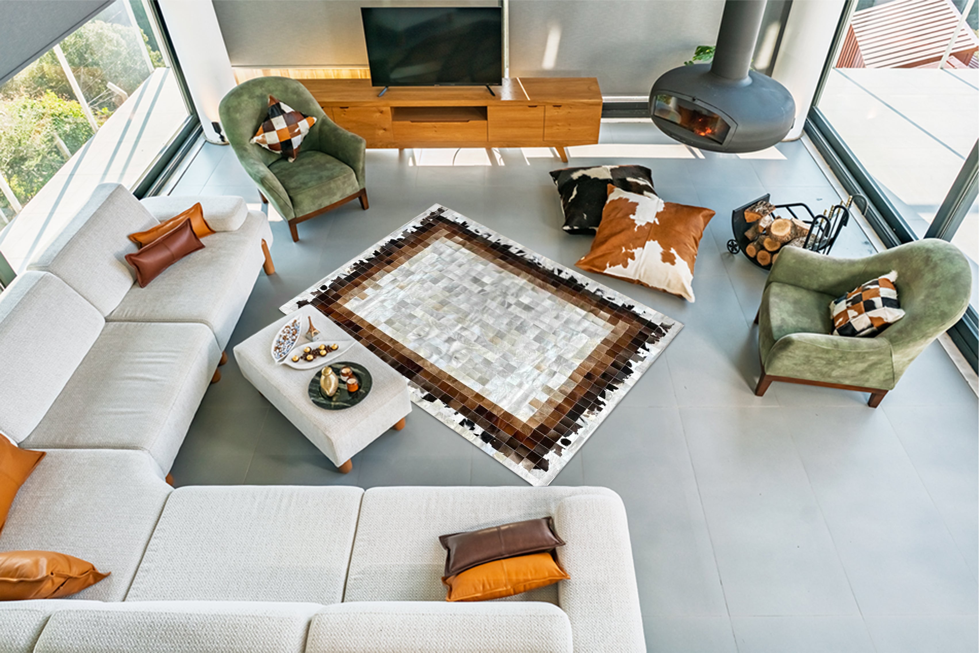 Kahverengi Beyaz Patchwork Cowhide Halı