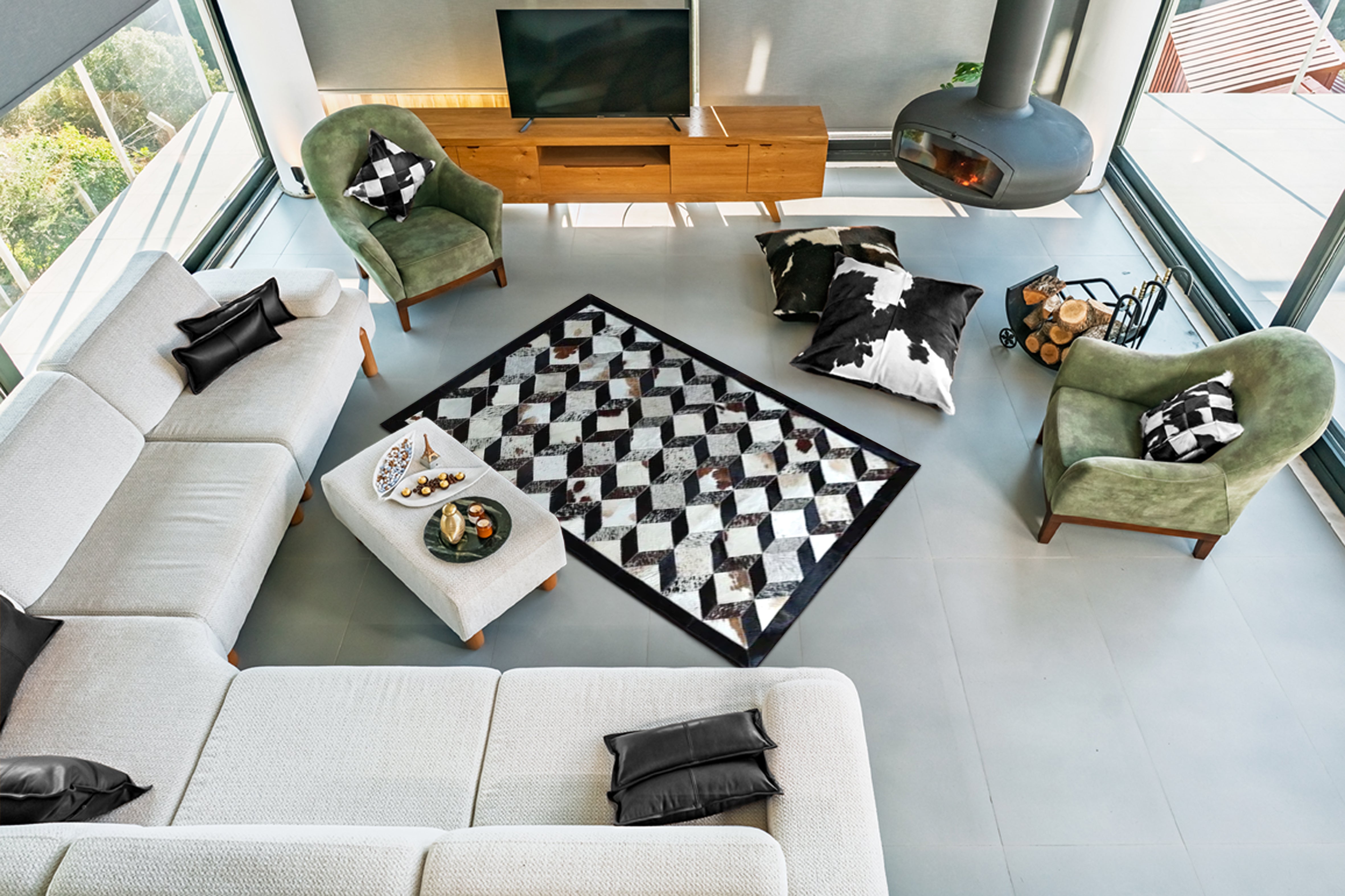 Siyah Beyaz Patchwork Cowhide Halı