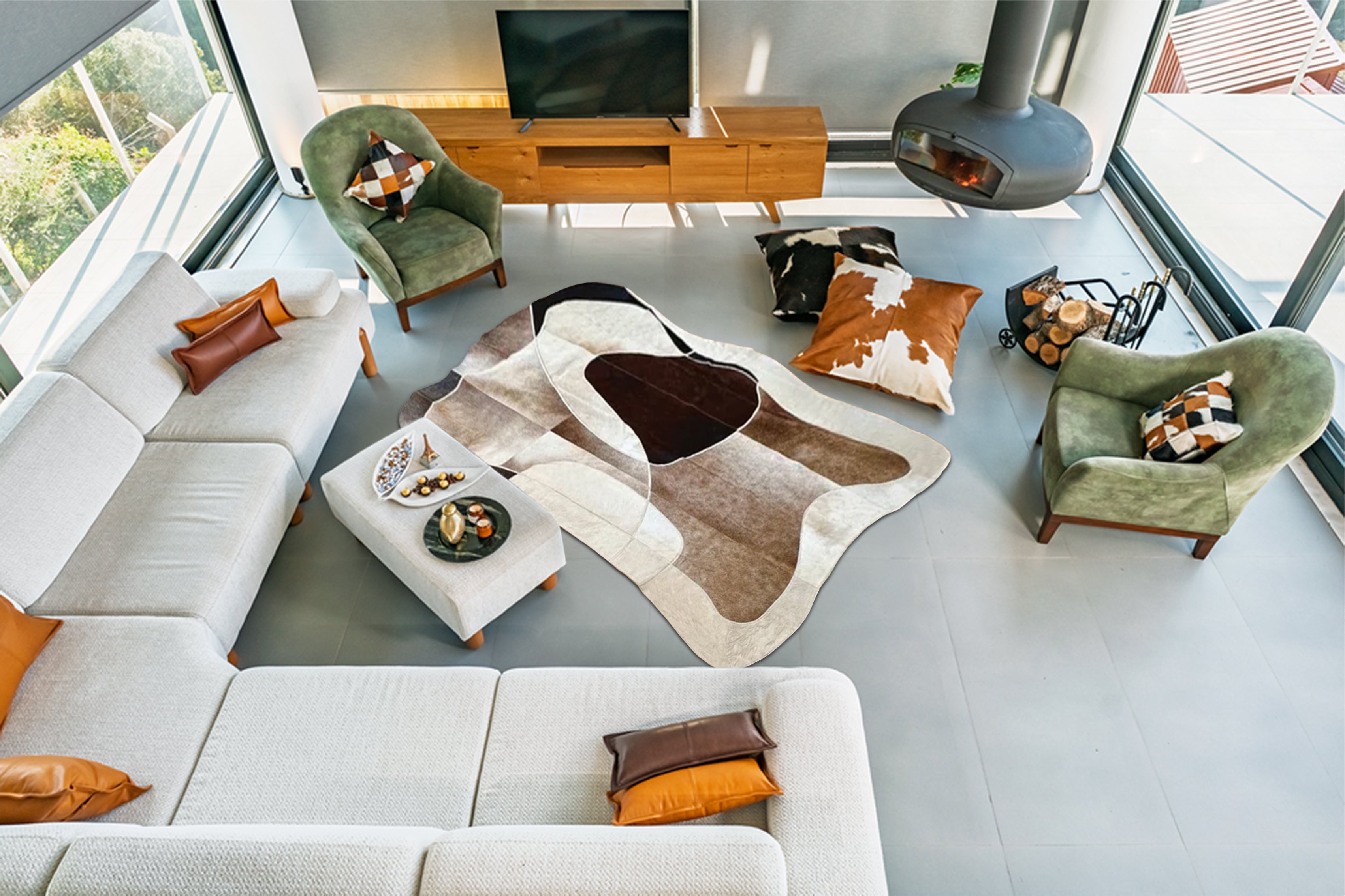 Kahverengi Beyaz Patchwork Cowhide Halı