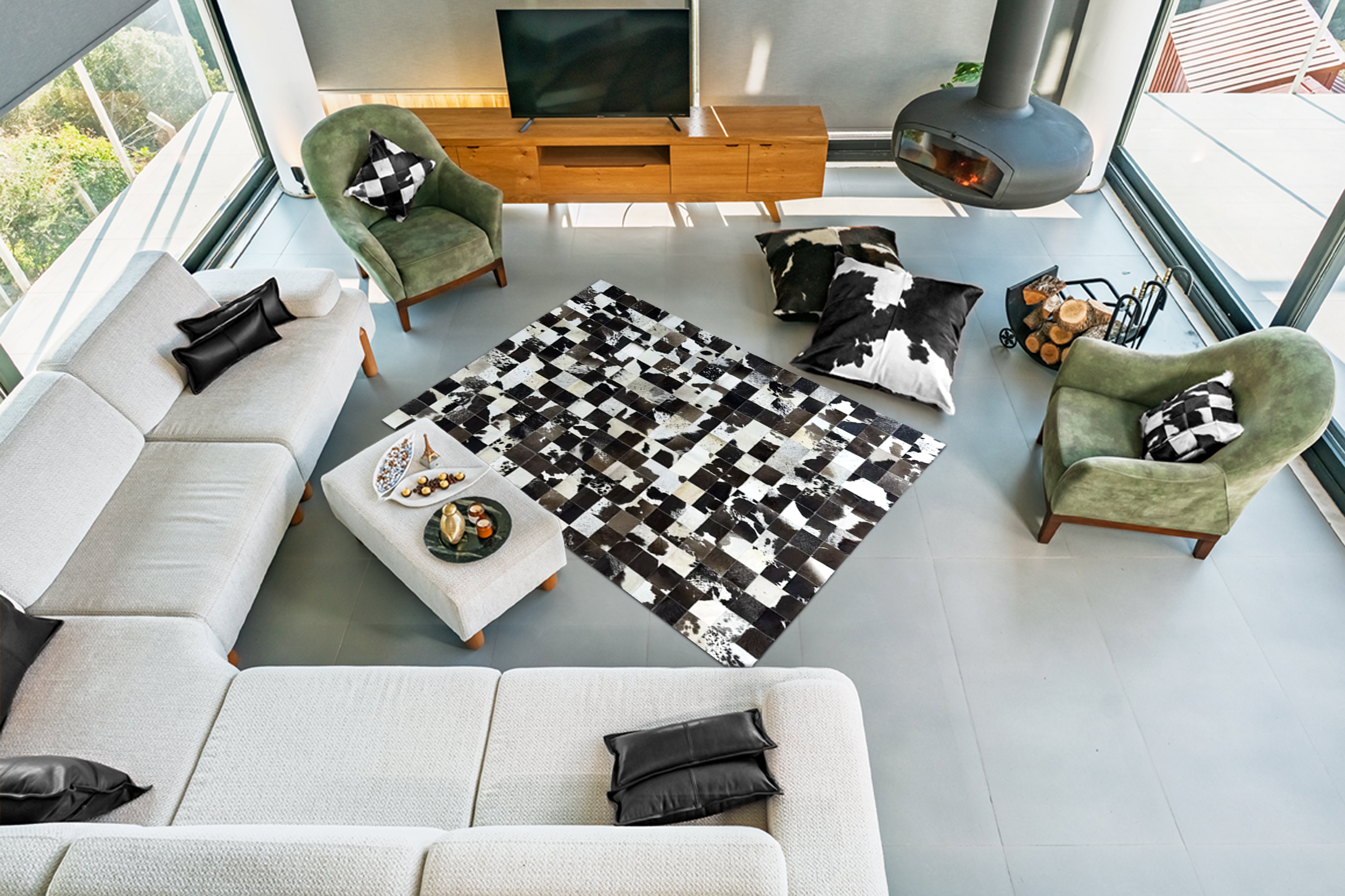 Siyah Beyaz Patchwork Cowhide Halı