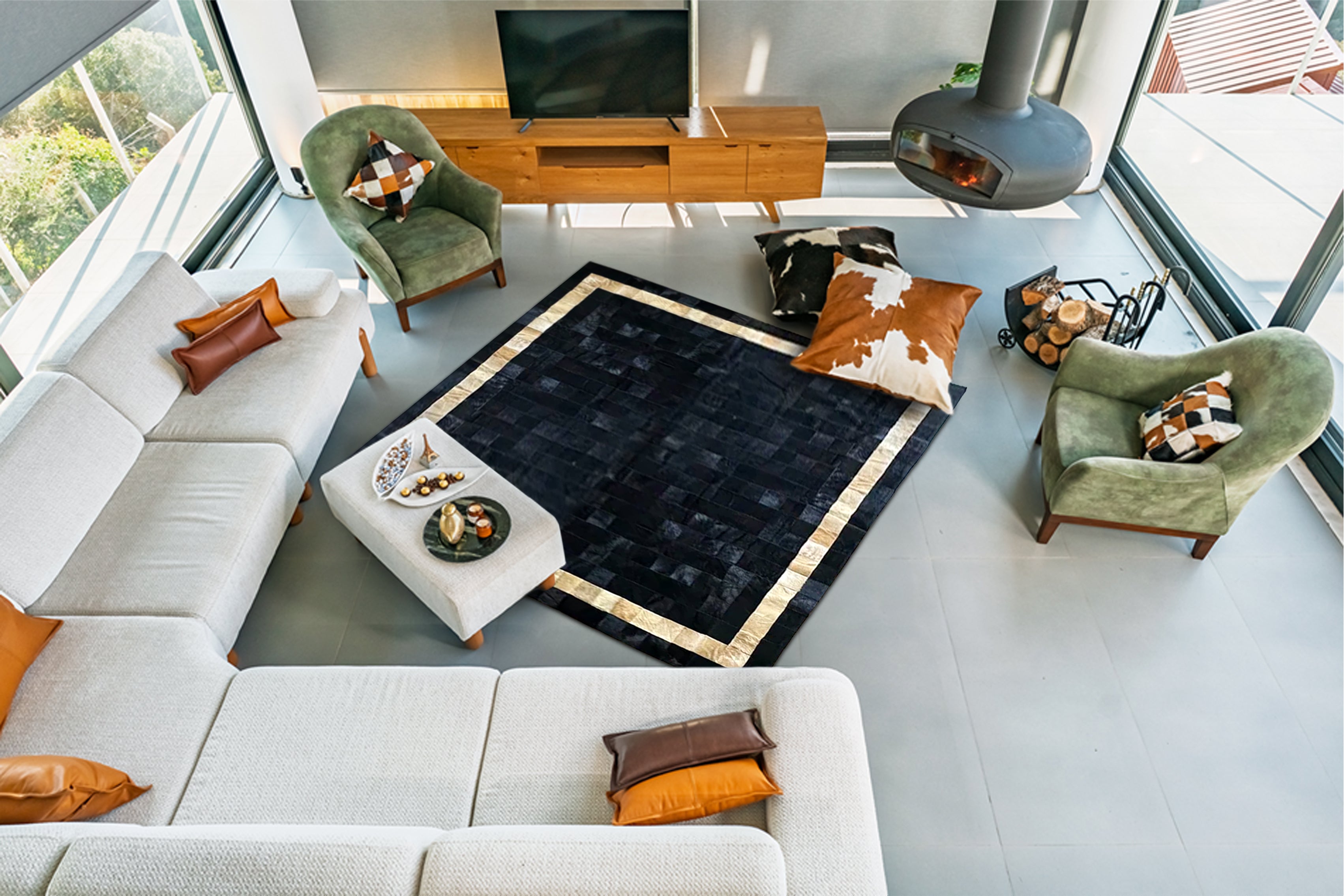 Siyah, Altın Süslemeli  Patchwork Cowhide Halı