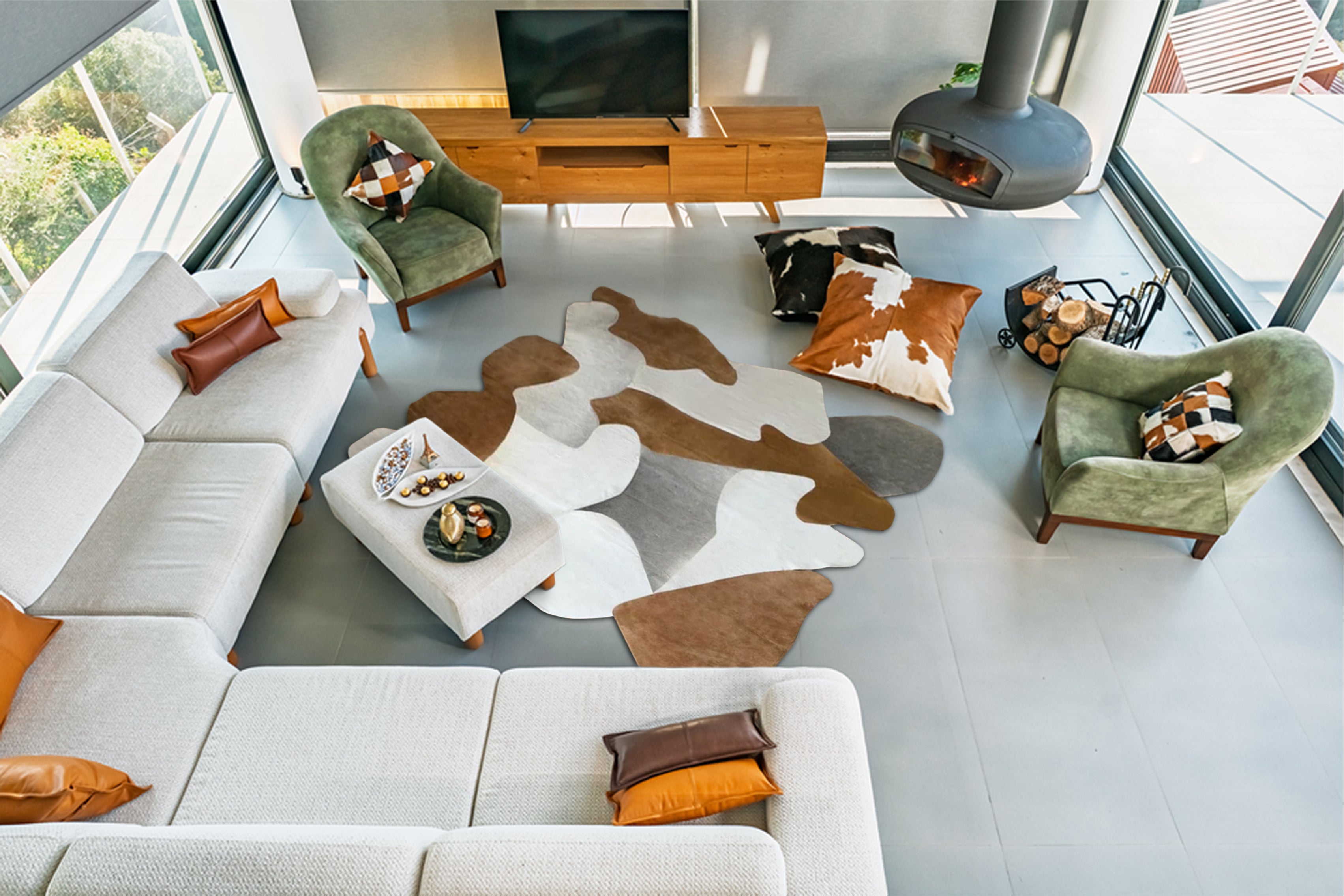 Kahverengi, Gri, Beyaz Patchwork Cowhide Halı