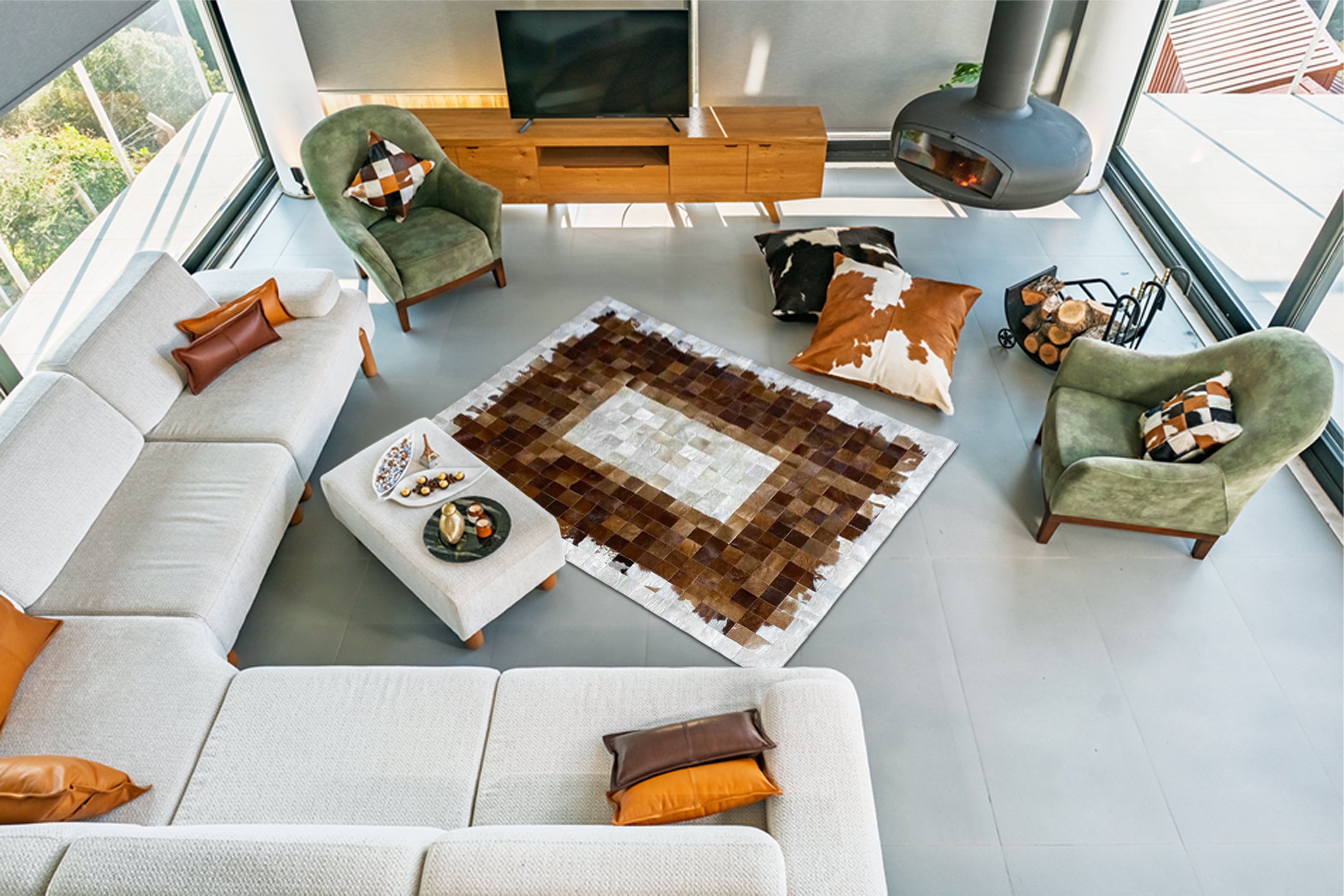 Kahverengi, Beyaz Patchwork Cowhide Halı
