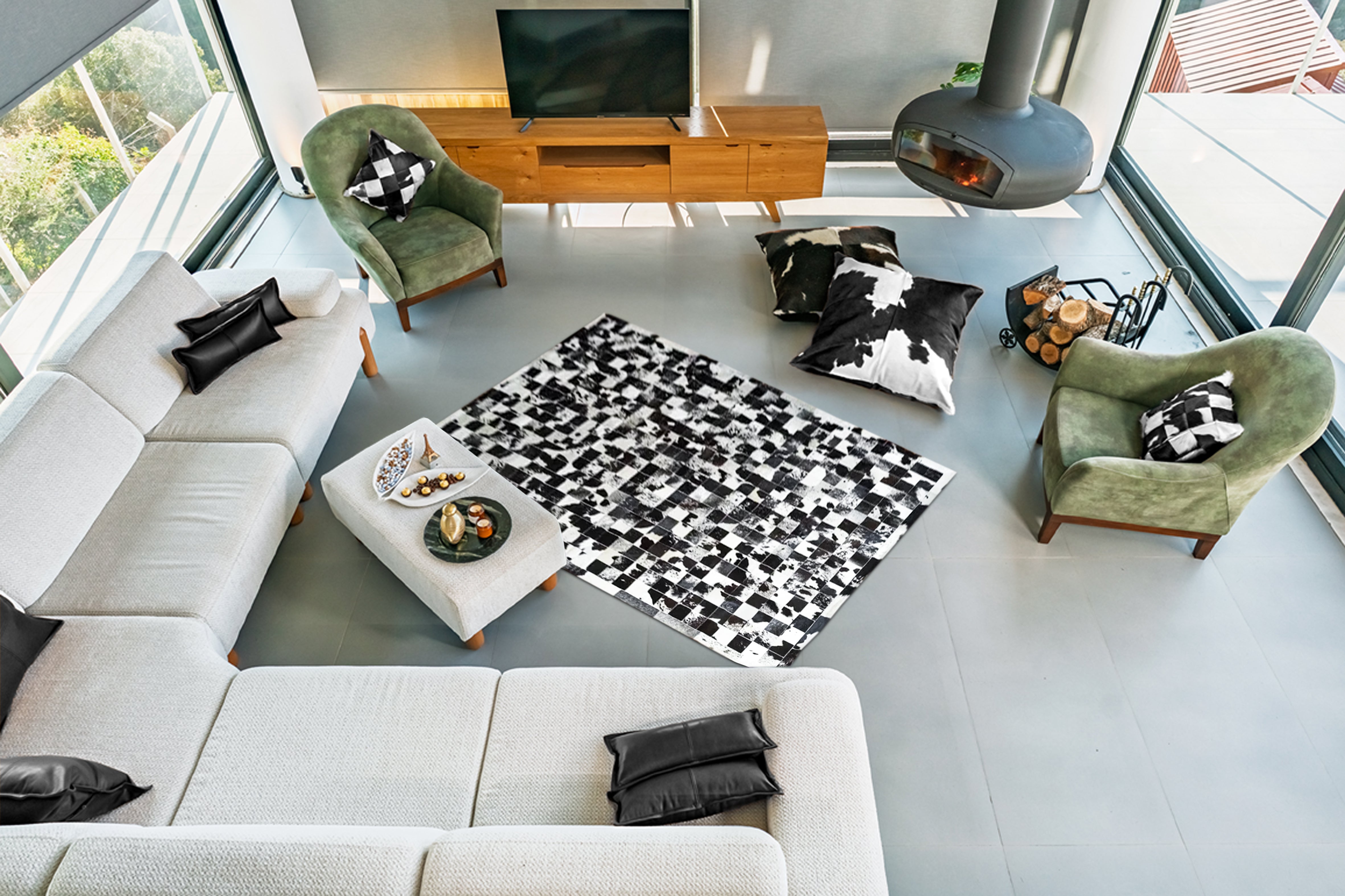 Siyah, Beyaz ve Gri Patchwork Cowhide Halı