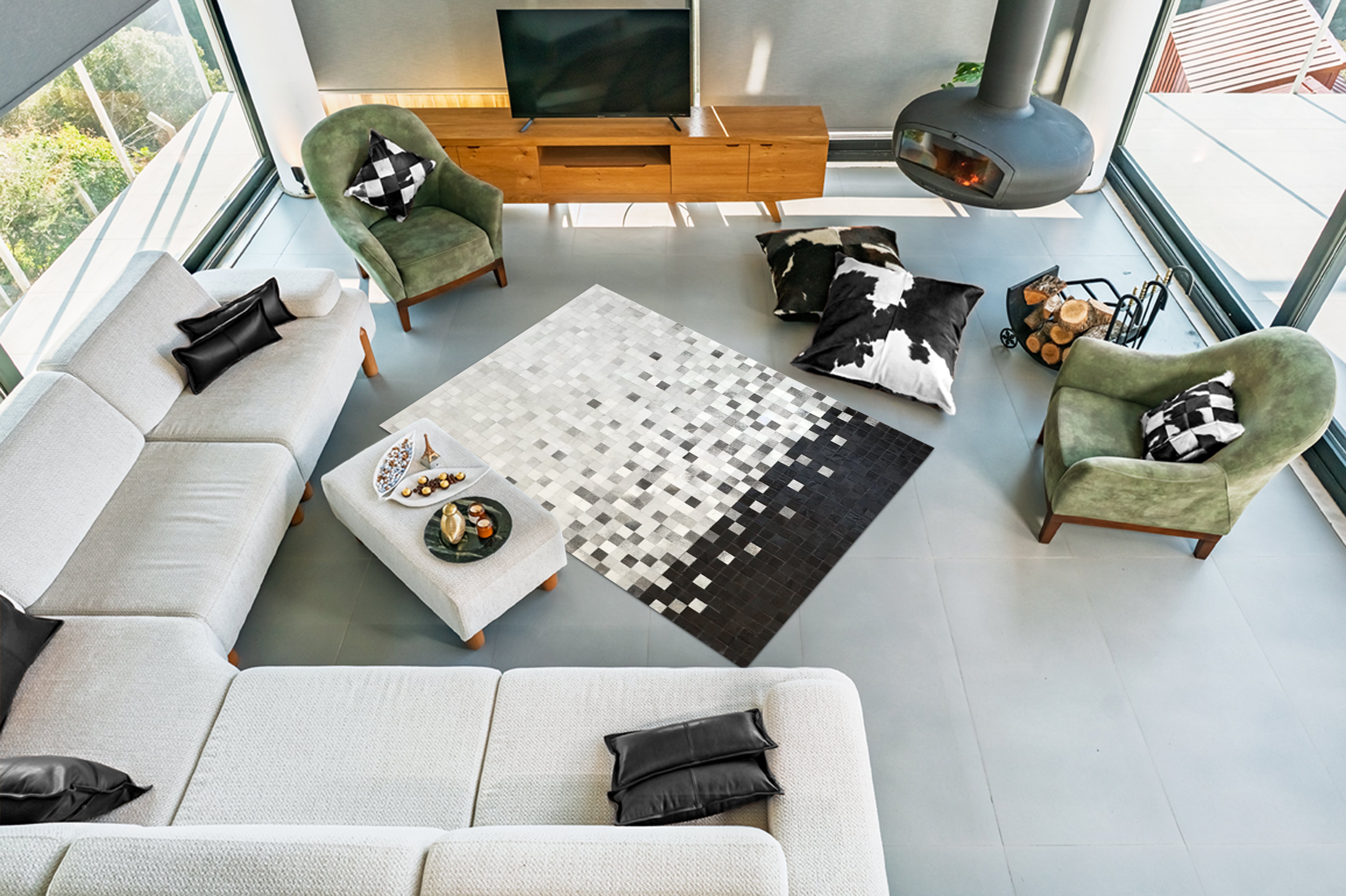 Siyah Beyaz Patchwork Cowhide Halı