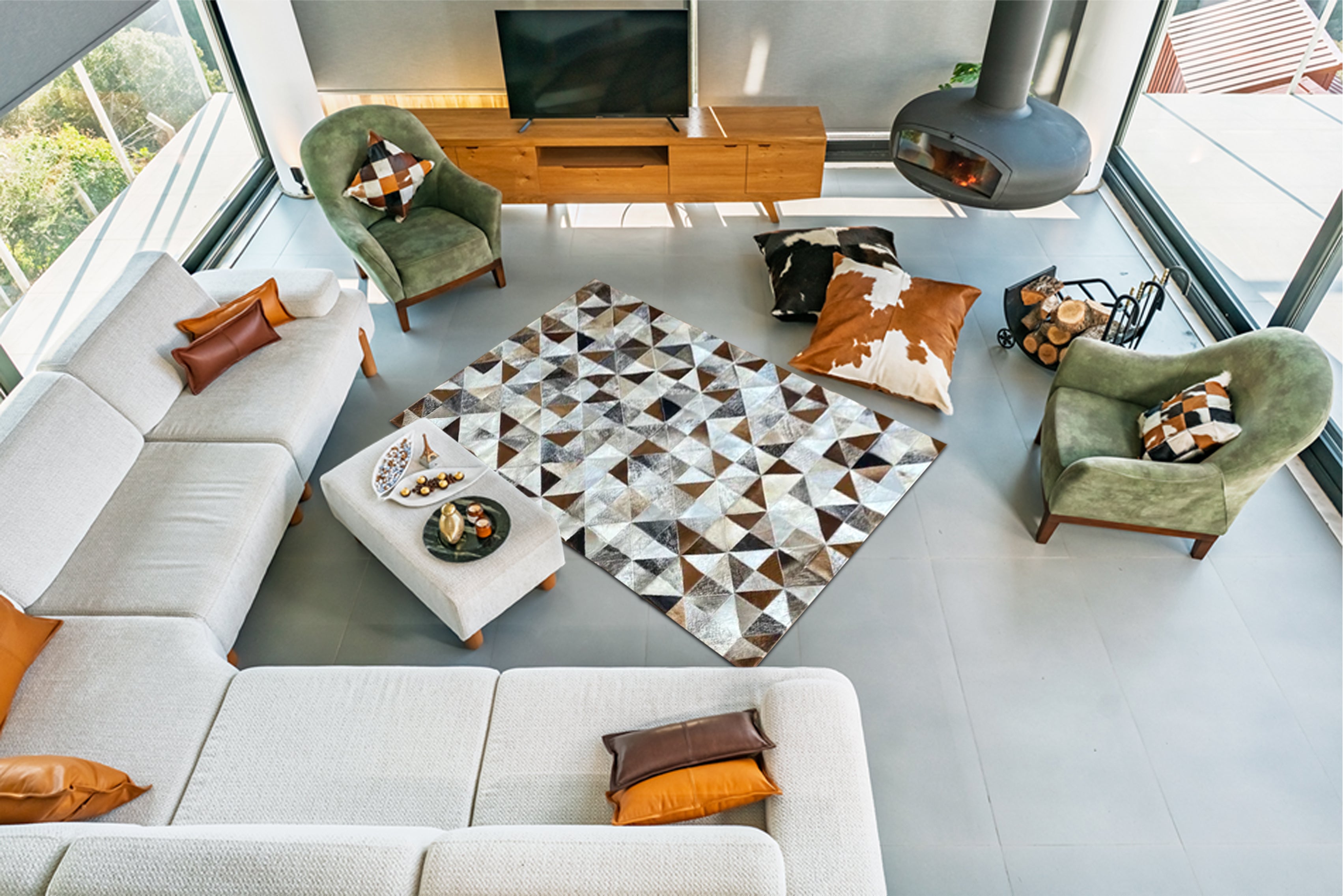 Üçgen Desenli Patchwork Cowhide Halı