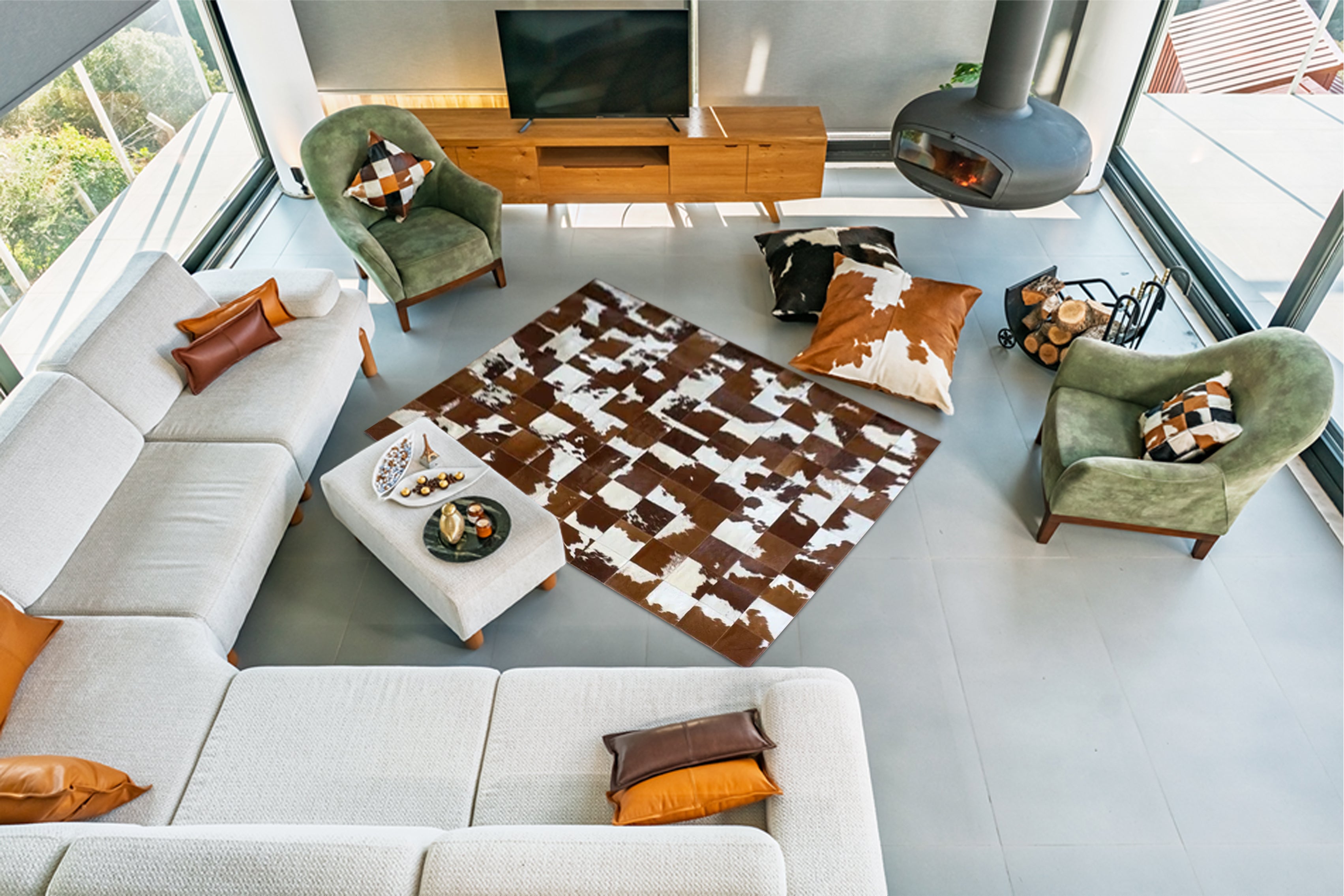 Kahverengi, Beyaz Patchwork Cowhide Halı