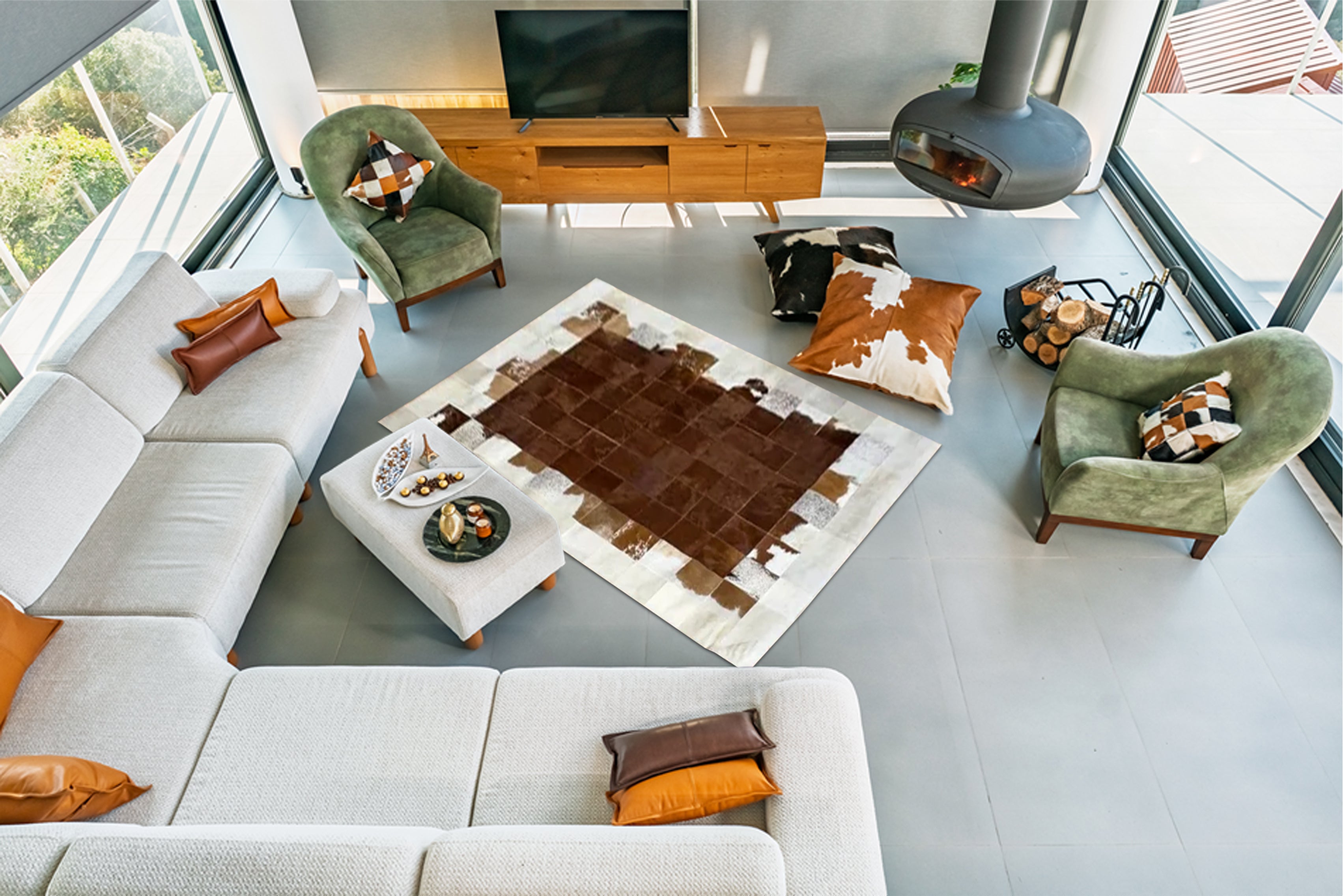 Kahverengi, Beyaz Patchwork Cowhide Halı