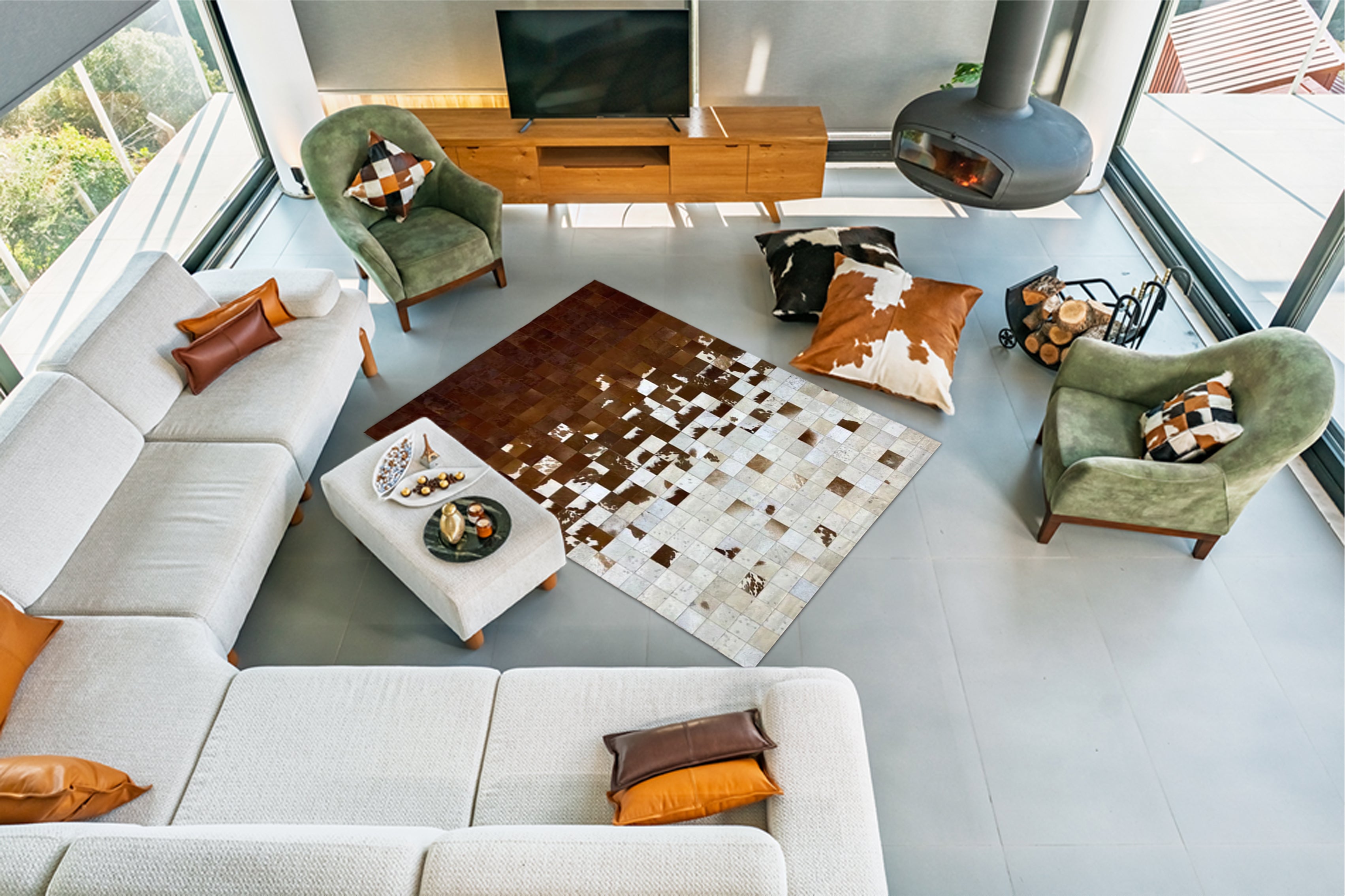 Kahverengi, Beyaz Patchwork Cowhide Halı